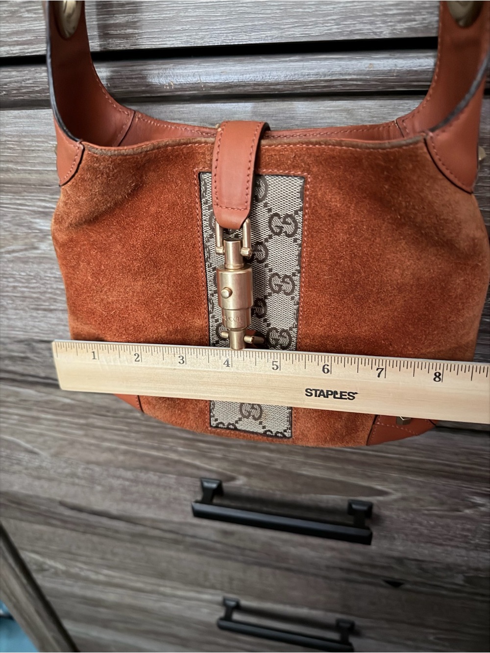 Gucci Orange Suede & GG Canvas Shoulder Bag with Tan Leather Trim - Picture 7 of 12